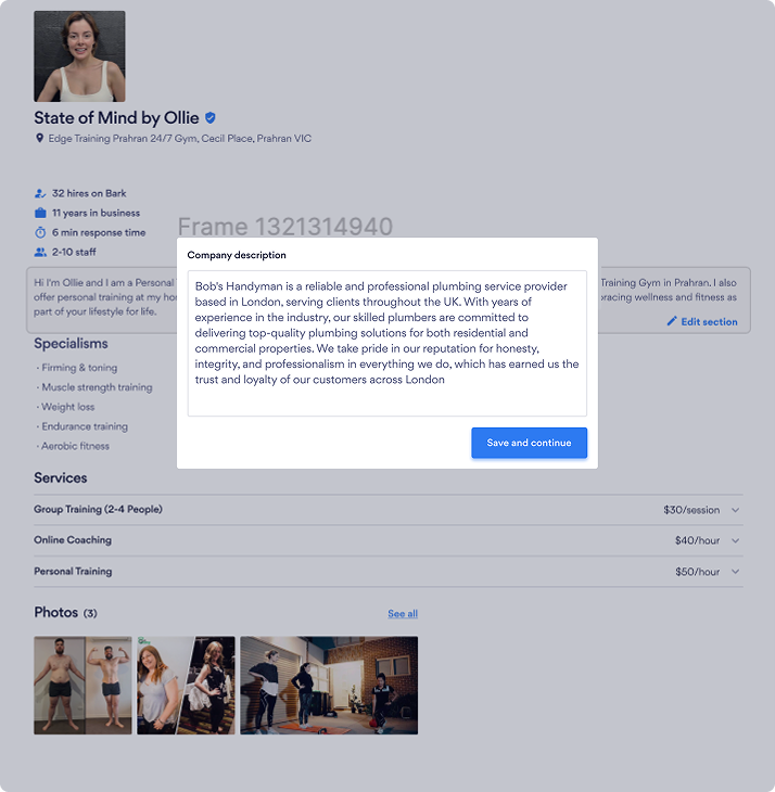 Concept 1 - Profile page with company description modal popup