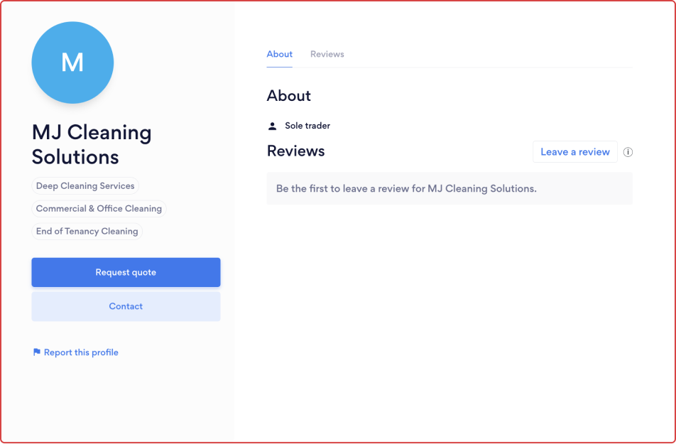 Incomplete profile - MJ Cleaning Solutions with no reviews or about section