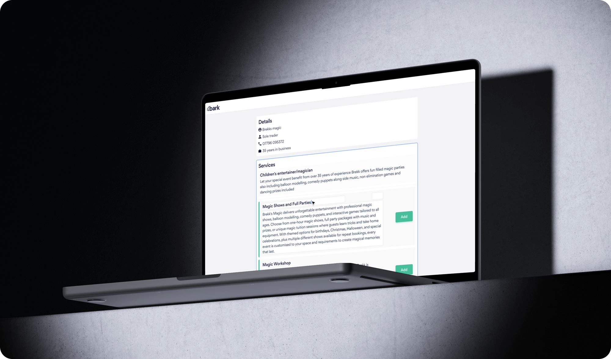 MacBook mockup showing Bark AI profile builder with services section