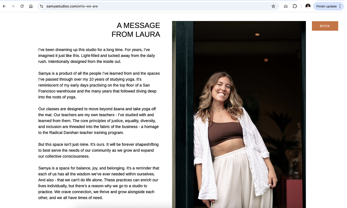 Example of a professional's website - yoga studio owner with long-form content