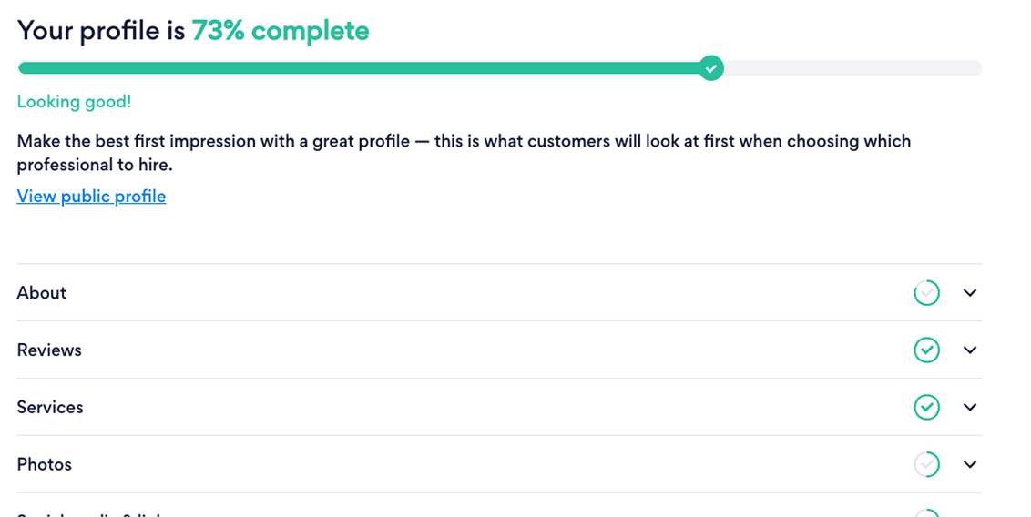 Existing profile builder showing 73% complete progress bar with About, Reviews, Services and Photos sections