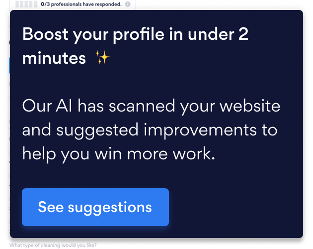 Boost your profile in under 2 minutes modal with See suggestions button