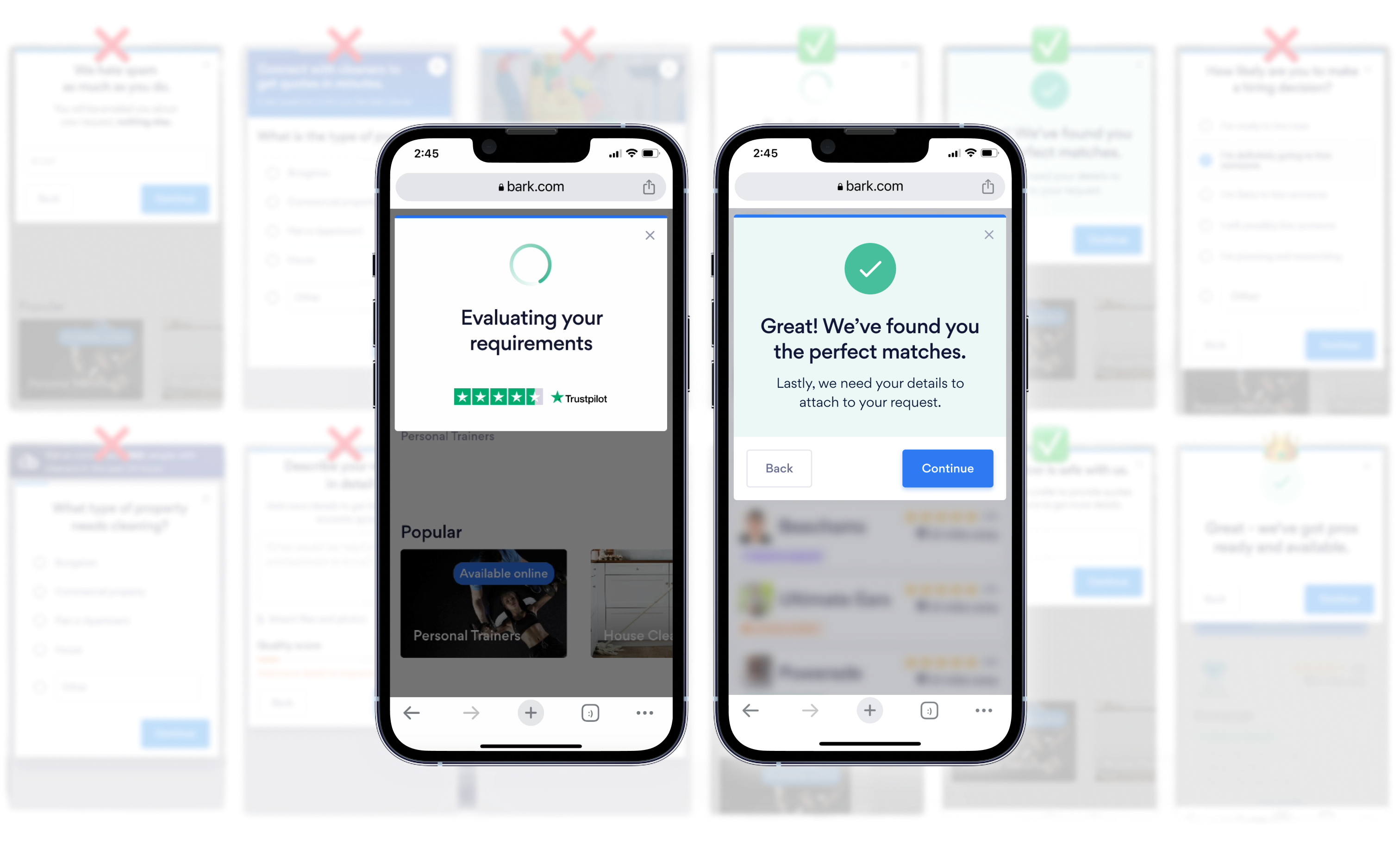 Bark.com conversion flow showing multiple phone screens with before and after states, featuring evaluating requirements and perfect matches success screens