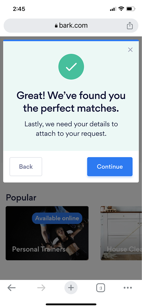 Bark.com success screen showing perfect matches found