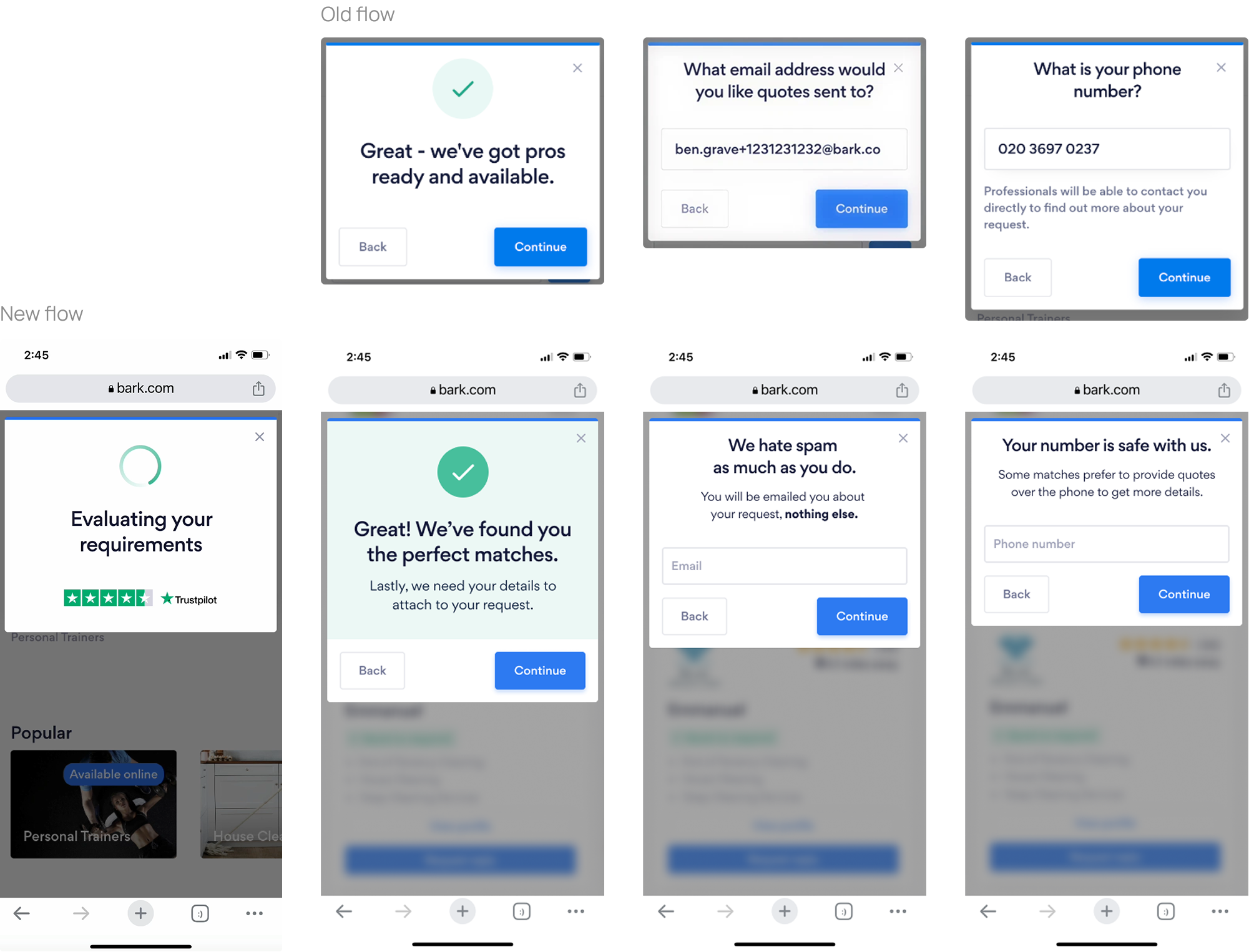 Flow comparison showing Old flow with 3 modal screens (success confirmation, email input, phone input) versus New flow with 4 full phone mockups (evaluating requirements with Trustpilot rating, perfect matches, spam messaging, phone safety)