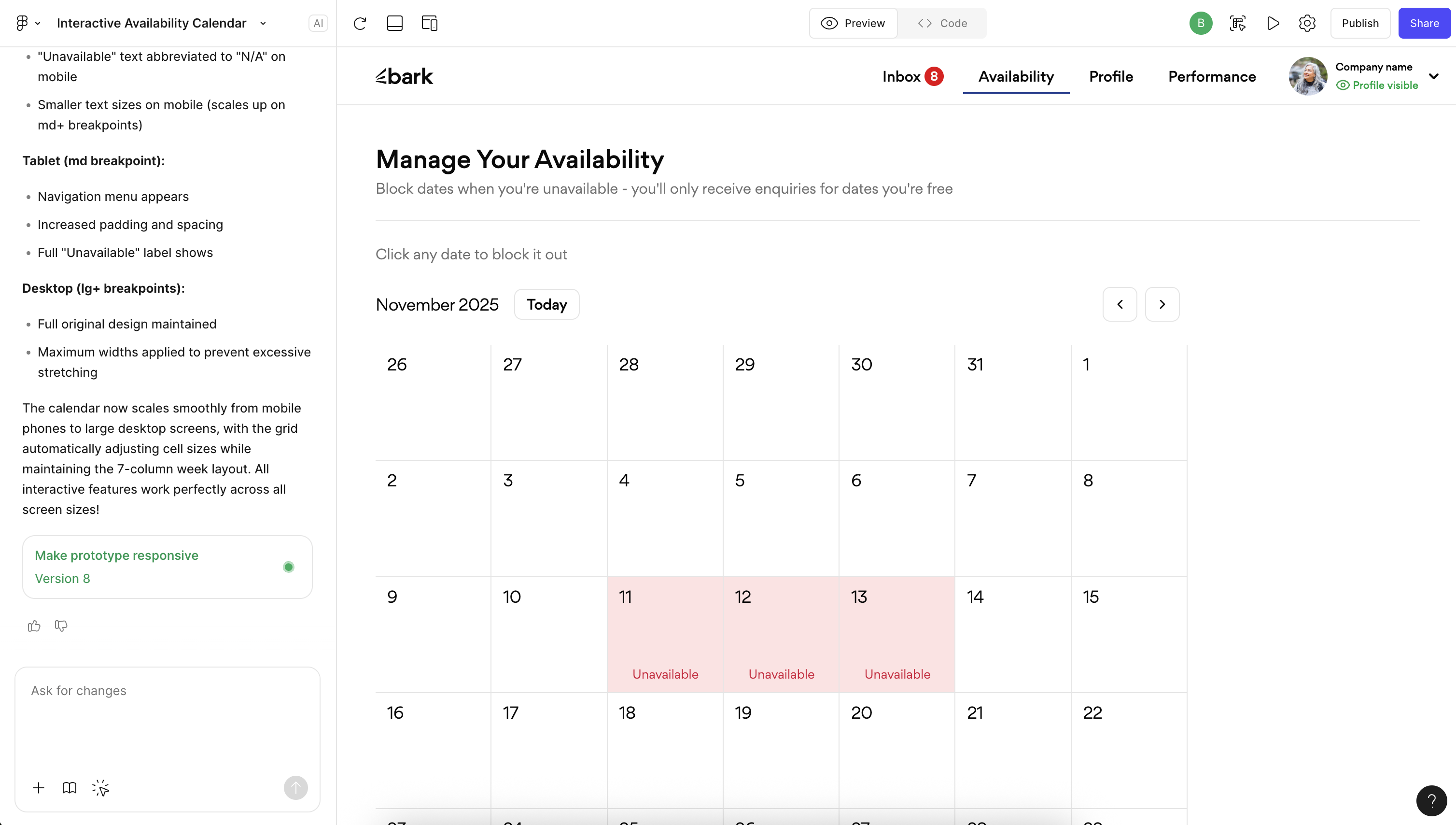 Vibe coded prototype of availability calendar