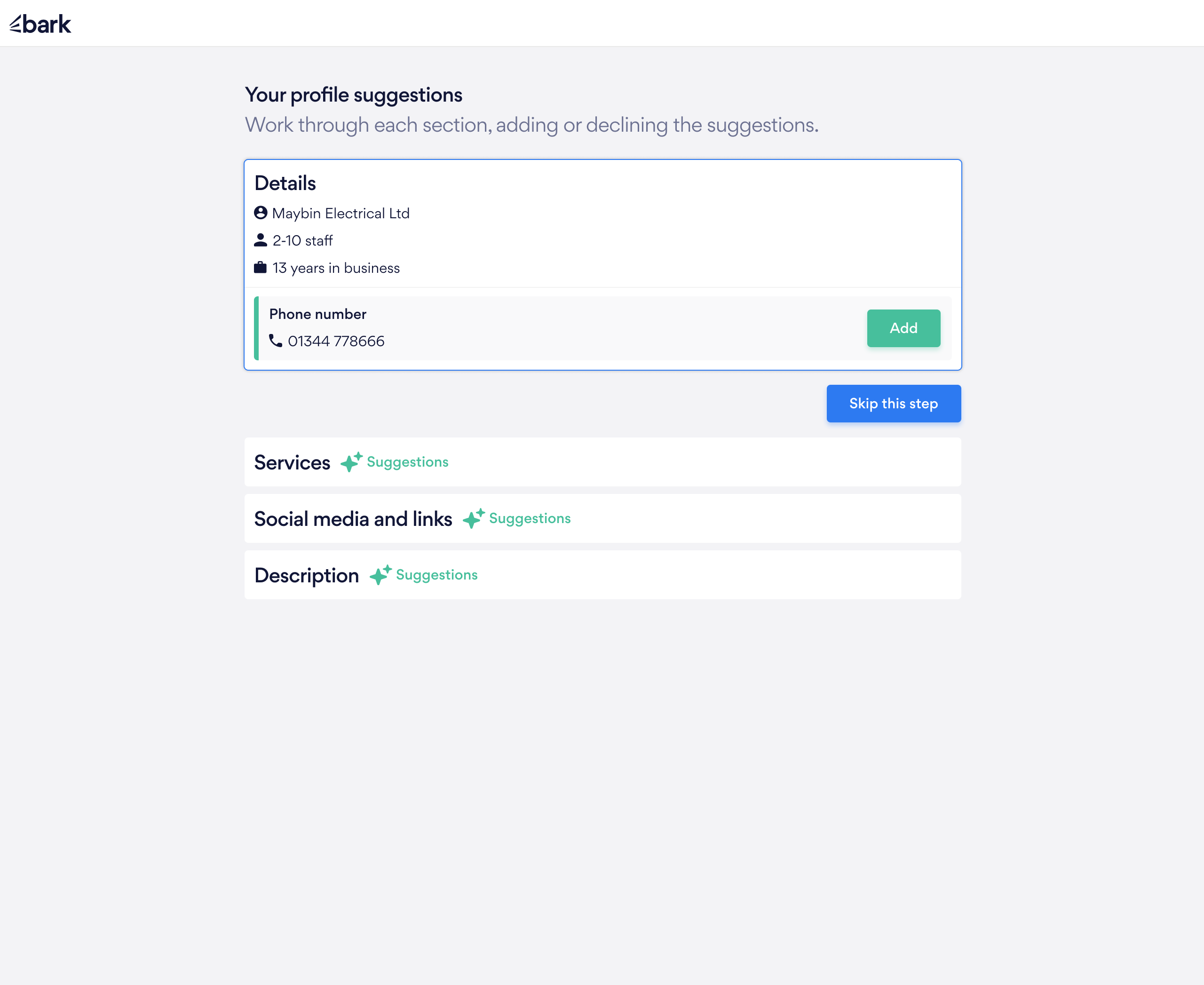 Profile suggestions overview with Details section, phone number Add button, Skip this step, and collapsed Services/Social media/Description sections