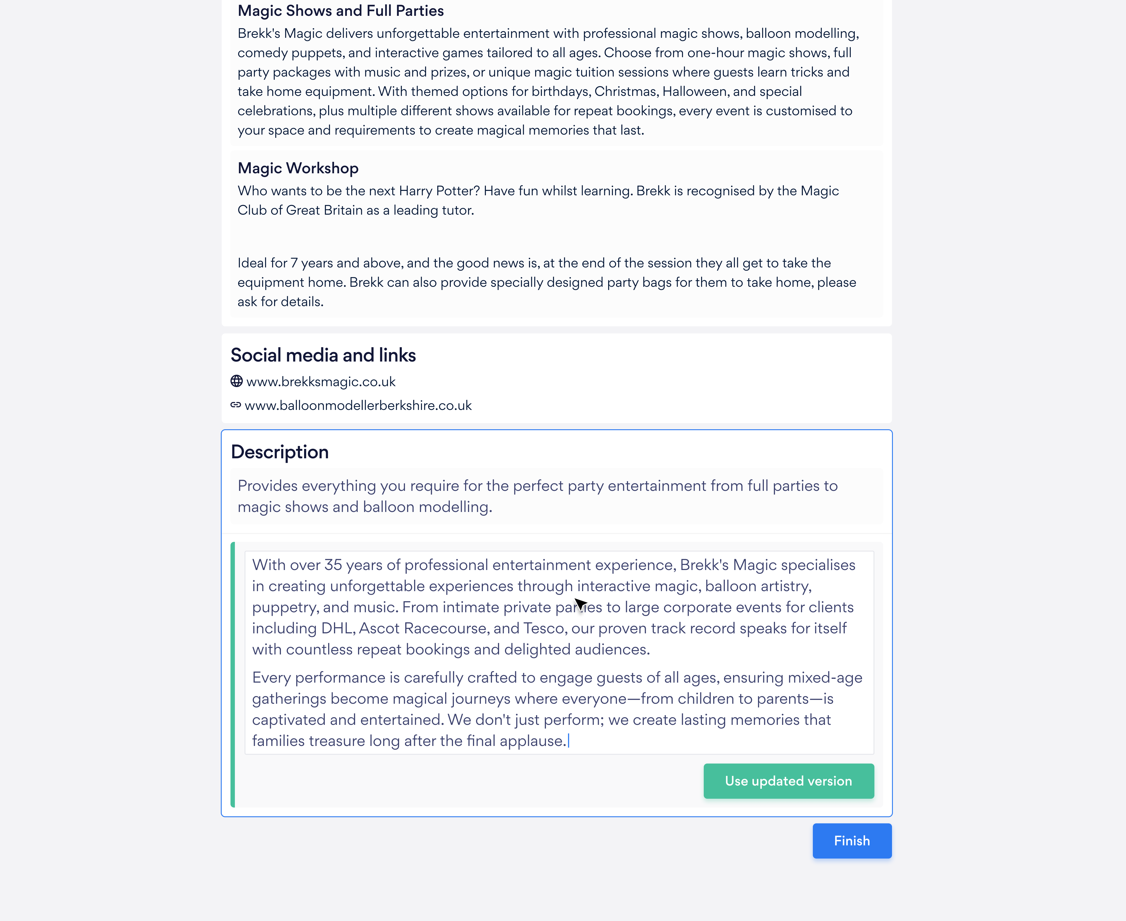 Expanded view with Magic Shows descriptions, Social media links, AI-generated Description with Use updated version and Finish buttons